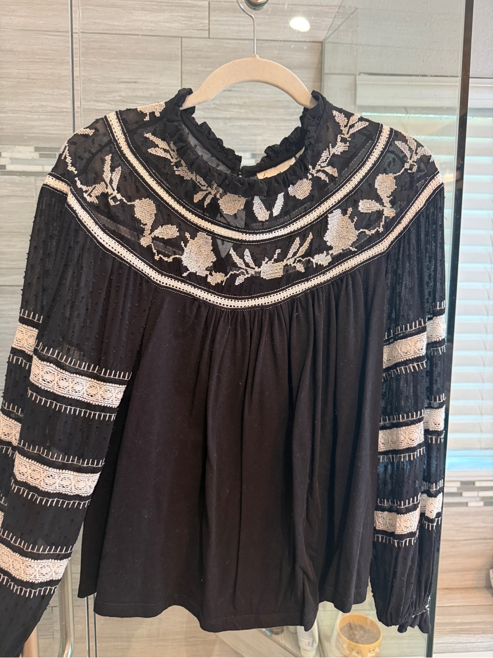 Maeve Black Blouse with Cream Floral Embroidery